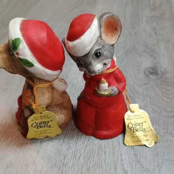 Vintage Christmas Critter Bells Porcelain Dog Mouse Set Of 2 Bisque 4 Inch - Picture 2 of 7